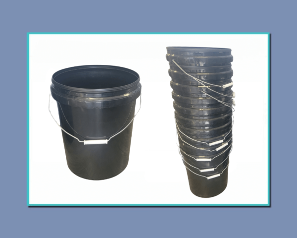 Ice Carver Depot's black bucket shown next to a stack of 8 buckets